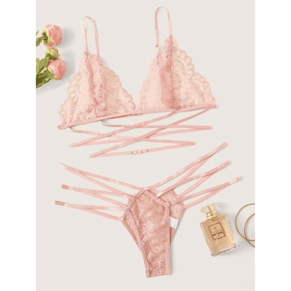 Conjunto Encaje Rosa con Tiras - Imagen 2